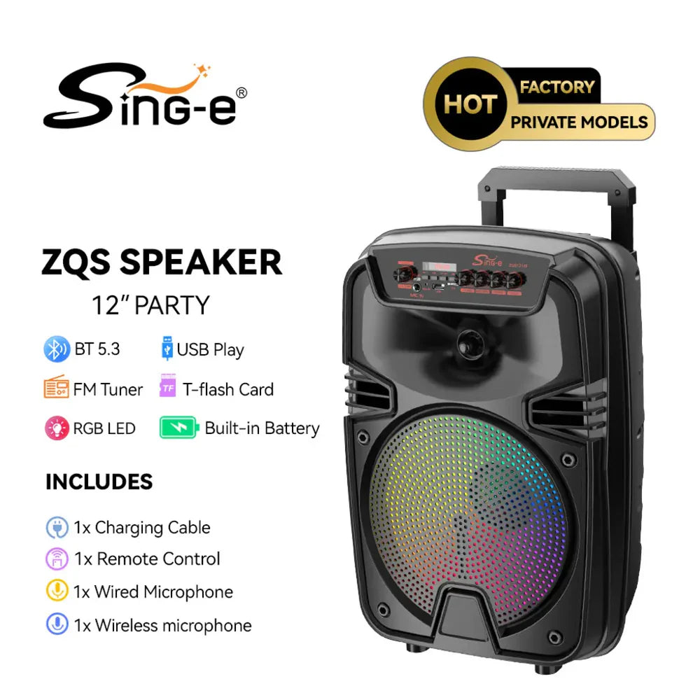 At Performance Vezi toate produsele Boxă Portabilă Karaoke Sing-e ZQS12149, 12 Inch, 200W, Bluetooth 5.3, Acumulator 3000mAh, RGB LED, USB/TF/FM, 2 Microfoane Incluse, Telecomandă