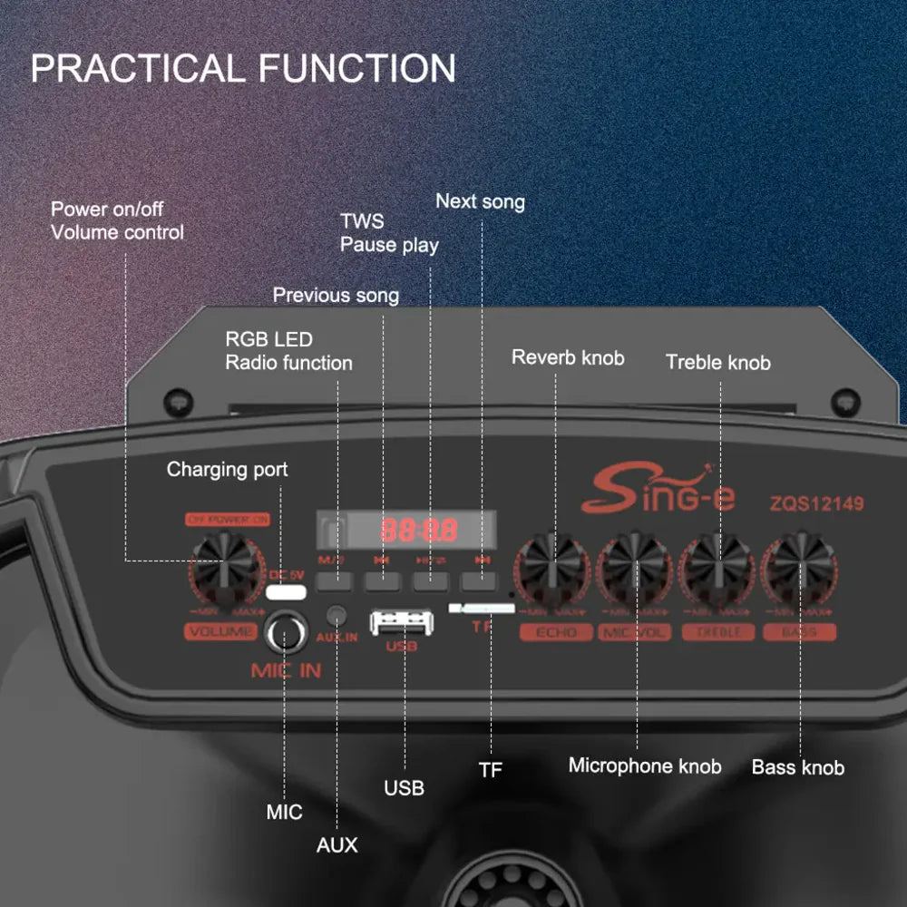 At Performance Vezi toate produsele Boxă Portabilă Karaoke Sing-e ZQS12149, 12 Inch, 200W, Bluetooth 5.3, Acumulator 3000mAh, RGB LED, USB/TF/FM, 2 Microfoane Incluse, Telecomandă