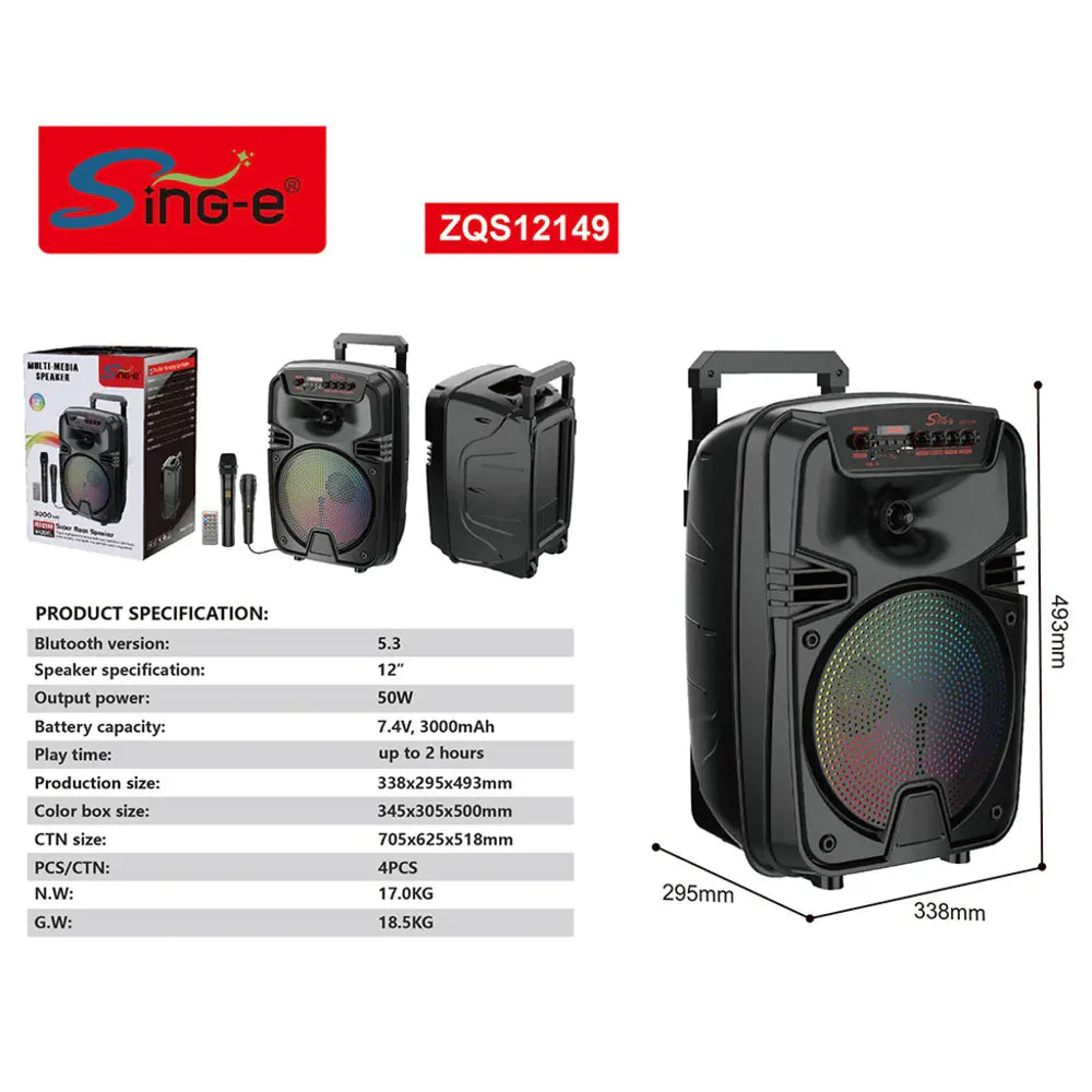 At Performance Vezi toate produsele Boxă Portabilă Karaoke Sing-e ZQS12149, 12 Inch, 200W, Bluetooth 5.3, Acumulator 3000mAh, RGB LED, USB/TF/FM, 2 Microfoane Incluse, Telecomandă