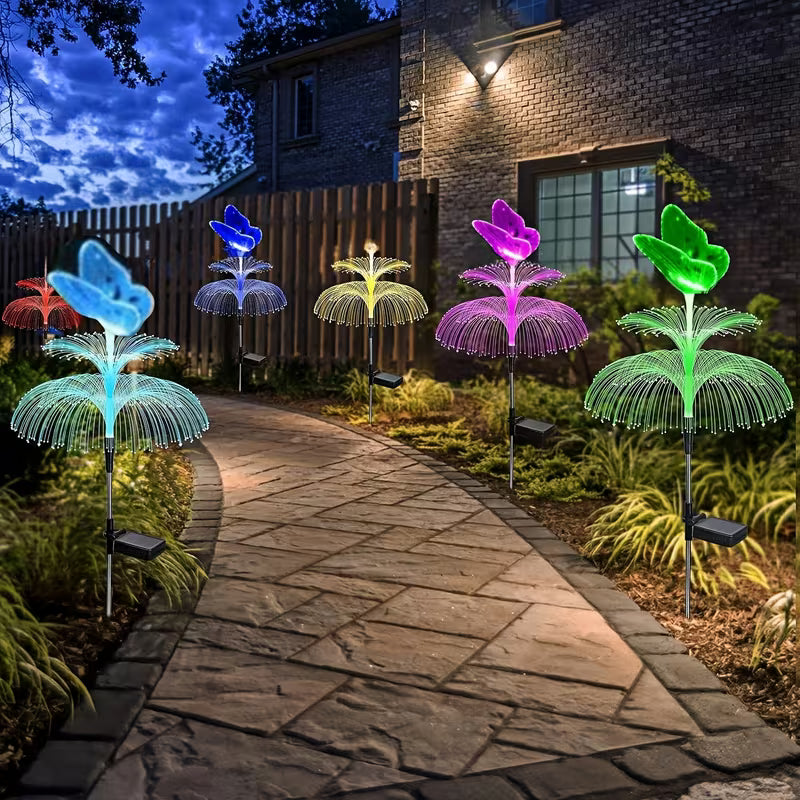 Set 2 Lampă solară decorativă, meduză, pentru grădină, cu lumină LED RGB, fibră optică, 7 culori