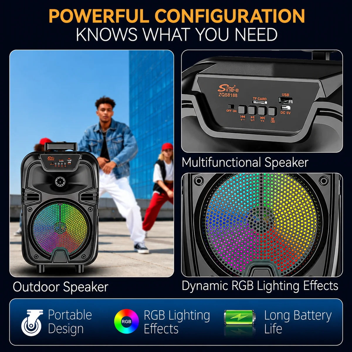 At Performance Vezi toate produsele Boxă Portabilă Bluetooth Sing-e® ZQS8188, 200W PMPO, Difuzor 8", Microfon Wireless, LED RGB, USB, TF Card, FM Radio, Telecomandă, Acumulator 3000mAh