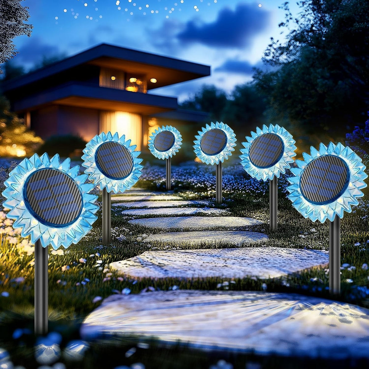Lampa Solara Decorativa Floarea-Soarelui | LED Alb Cald | 9 LED-uri | Energie Solara | 35 cm | Albastru
