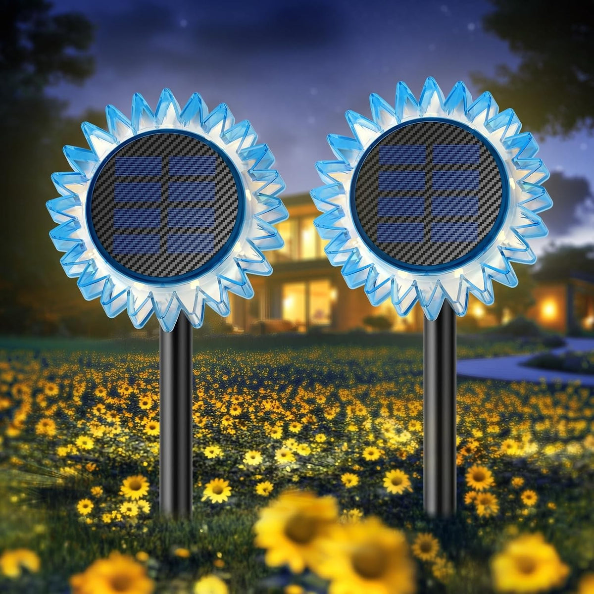 Lampa Solara Decorativa Floarea-Soarelui | LED Alb Cald | 9 LED-uri | Energie Solara | 35 cm | Albastru