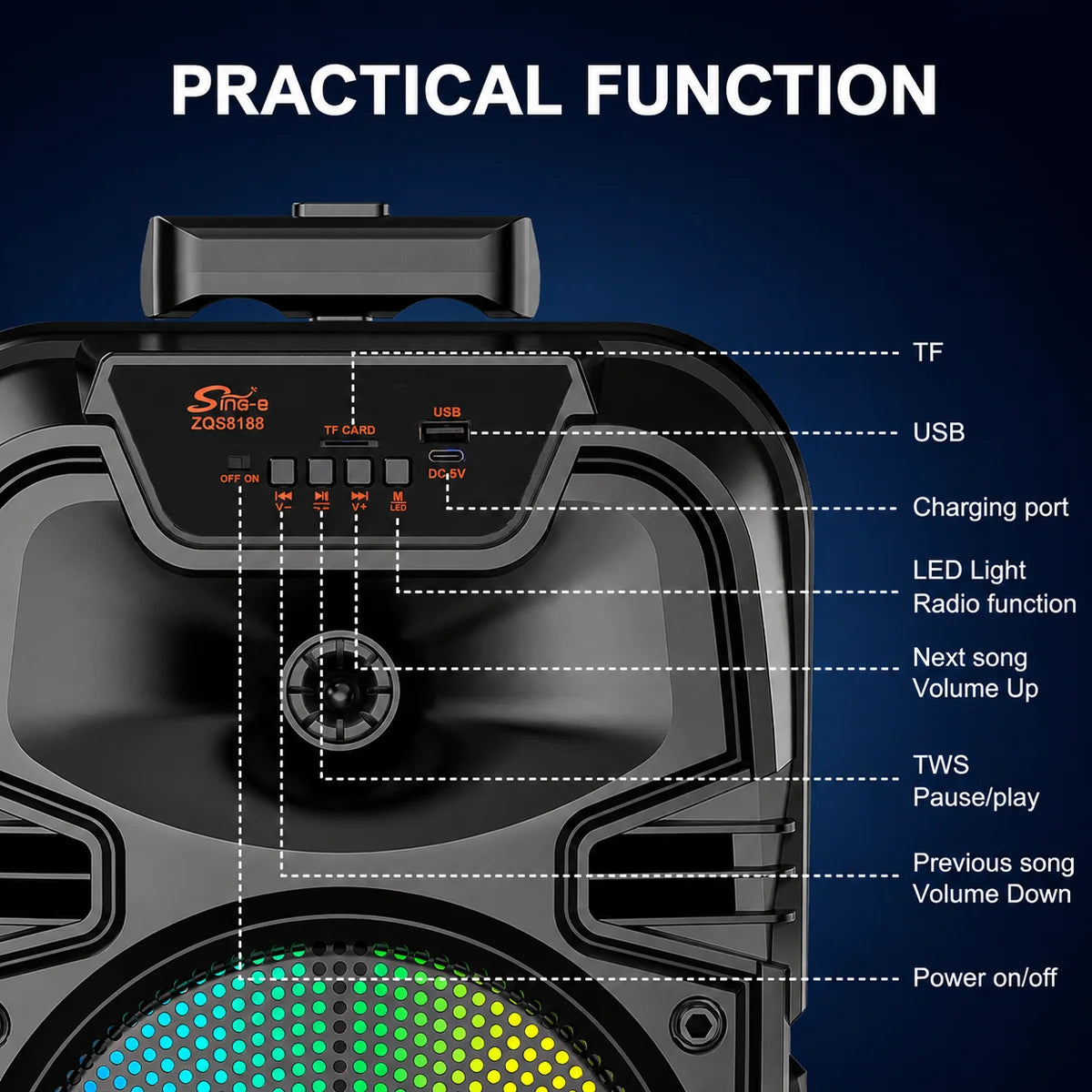 At Performance Vezi toate produsele Boxă Portabilă Bluetooth Sing-e® ZQS8188, 200W PMPO, Difuzor 8", Microfon Wireless, LED RGB, USB, TF Card, FM Radio, Telecomandă, Acumulator 3000mAh