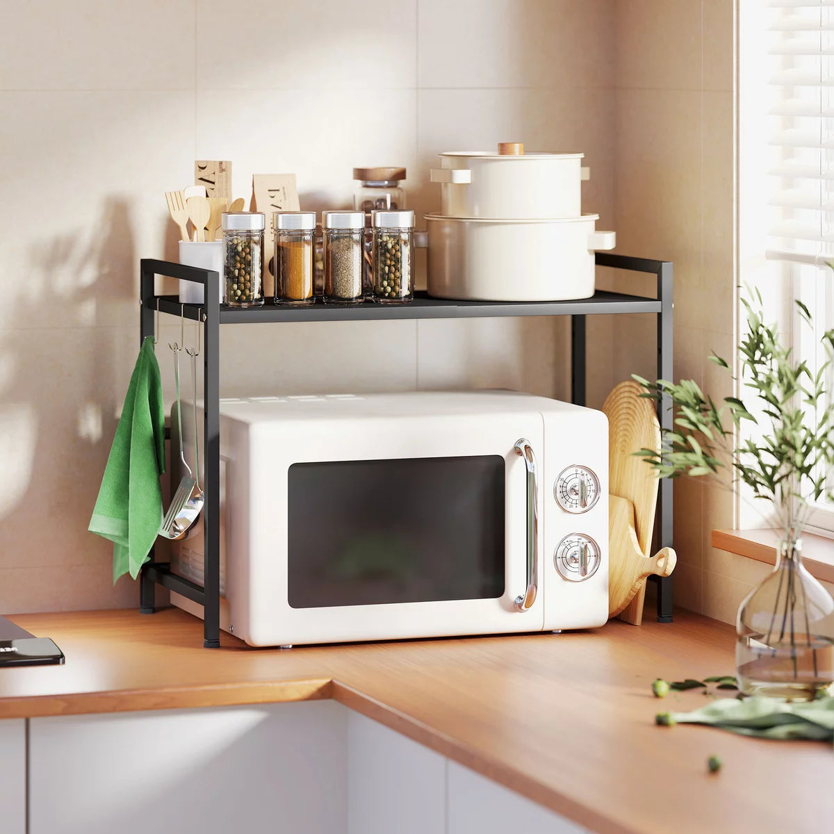 Suport extensibil pentru cuptor cu microunde, 2 niveluri, alb, 40-64x45x36.5 cm, cu carlige