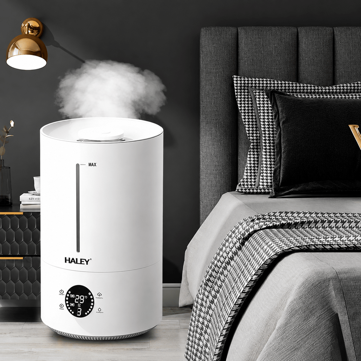 Umidificator de Aer HALEY HY-3101, Rezervor 5L, Umidificare 360°, Intensitate Reglabilă, Umplere de Sus, Panou Digital, 1000W, Alb