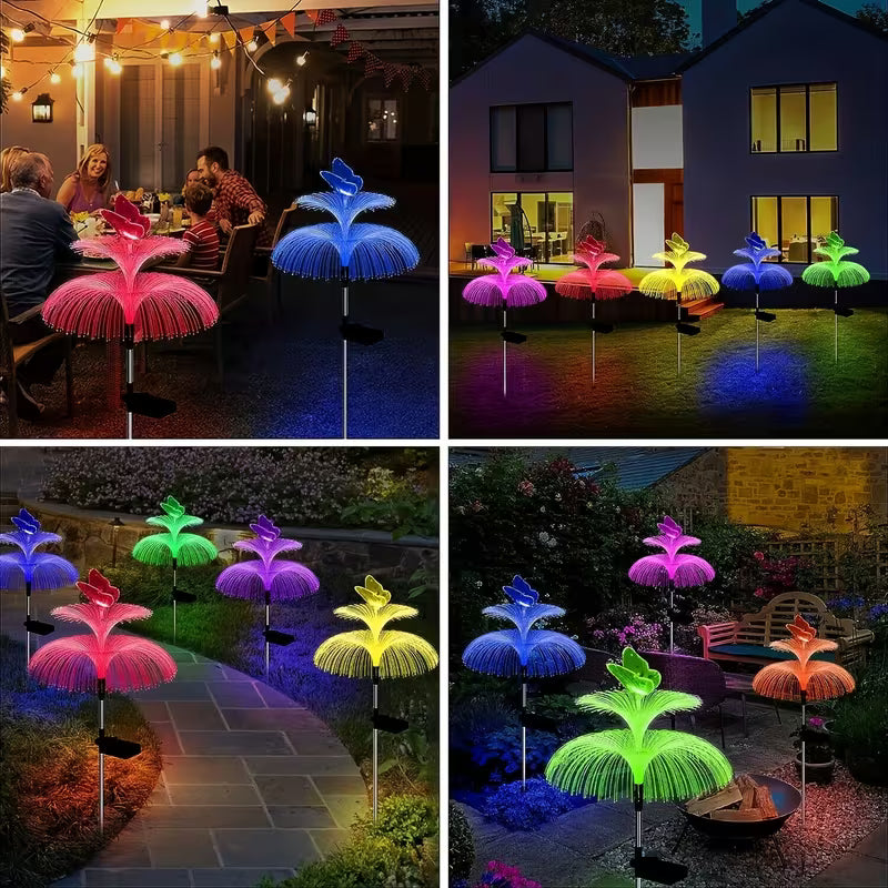 Set 2 Lampă solară decorativă, meduză, pentru grădină, cu lumină LED RGB, fibră optică, 7 culori