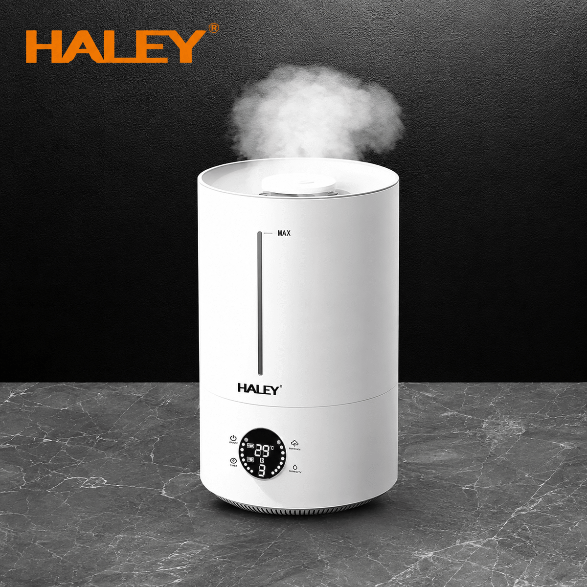 Umidificator de Aer HALEY HY-3101, Rezervor 5L, Umidificare 360°, Intensitate Reglabilă, Umplere de Sus, Panou Digital, 1000W, Alb