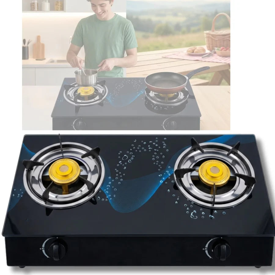 Aragaz Plita Camping 2 Arzatoare Sticla Neagra Securizata Fonta Alama Aprindere Quartz GPL