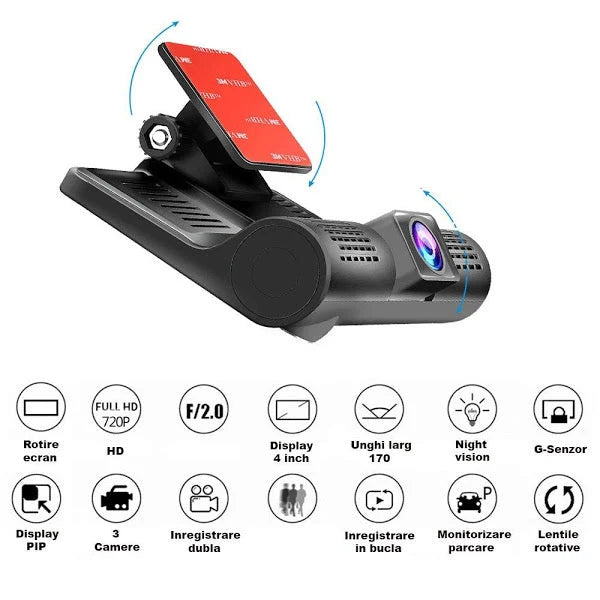 Cameră Auto Triplă Full HD 3 camere(fata,spate,interior) ecran 4'', G Senzor