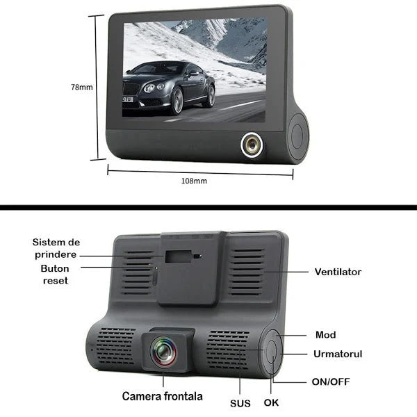 Cameră Auto Triplă Full HD 3 camere(fata,spate,interior) ecran 4'', G Senzor