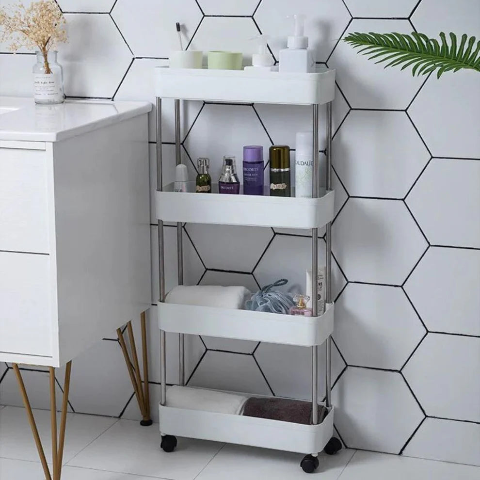 Etajera Mobila Ingusta, Carucior de Depozitare Modular cu 4 Polite pentru Baie si Bucatarie