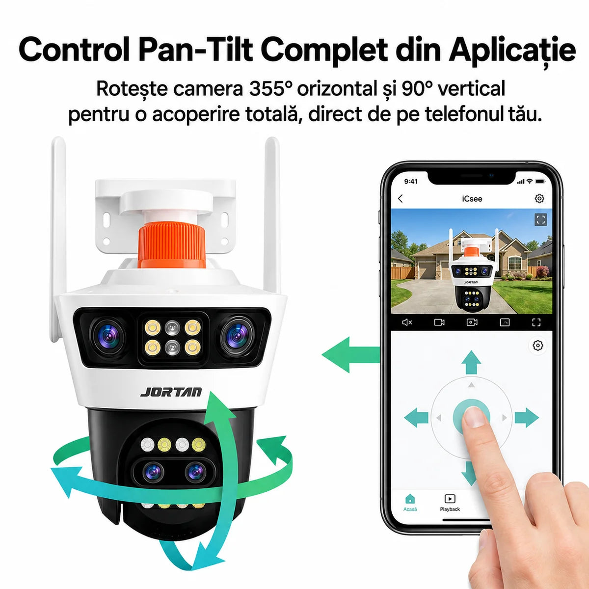 Camera Supraveghere WiFi JORTAN 7AL, 12MP, 4 Lentile cu Zoom 6x, Rotire 360°, Alarma, Vedere Nocturna Color, Ethernet, Waterproo