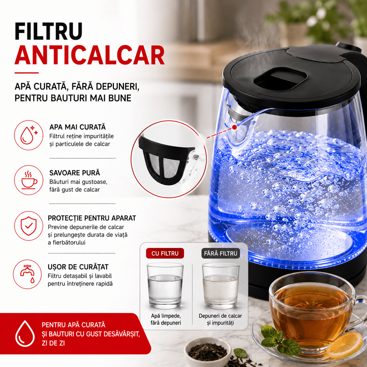 Fierbator Electric 1,7L, 1800W, Filtru Anticalcar, Oprire Automată