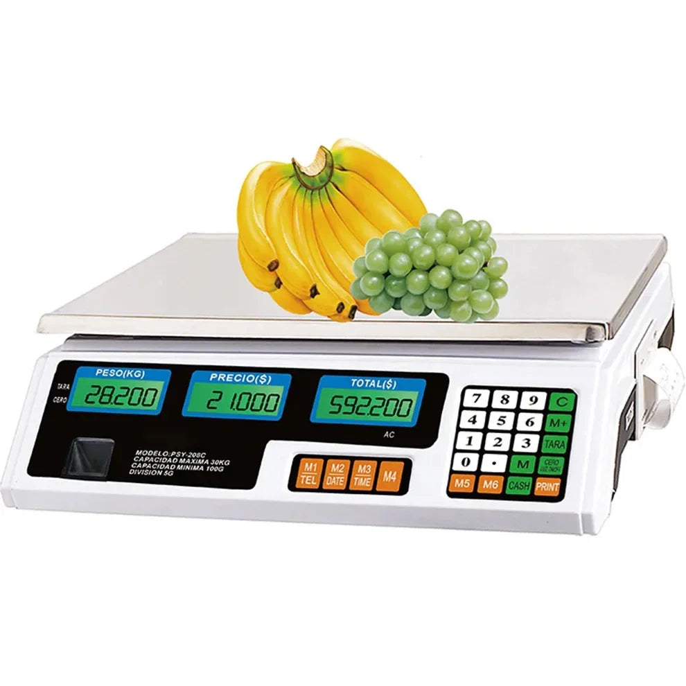 Cantar Electronic Comercial SIKS Pentru Magazin Sau Piata, Pentru Legume / Fructe/ Pepeni, Cantarire Maxima 40 kg, Masurare Precisa, Digital, Functie De Memorie, Display Dublu Iluminat, Culoare Alb