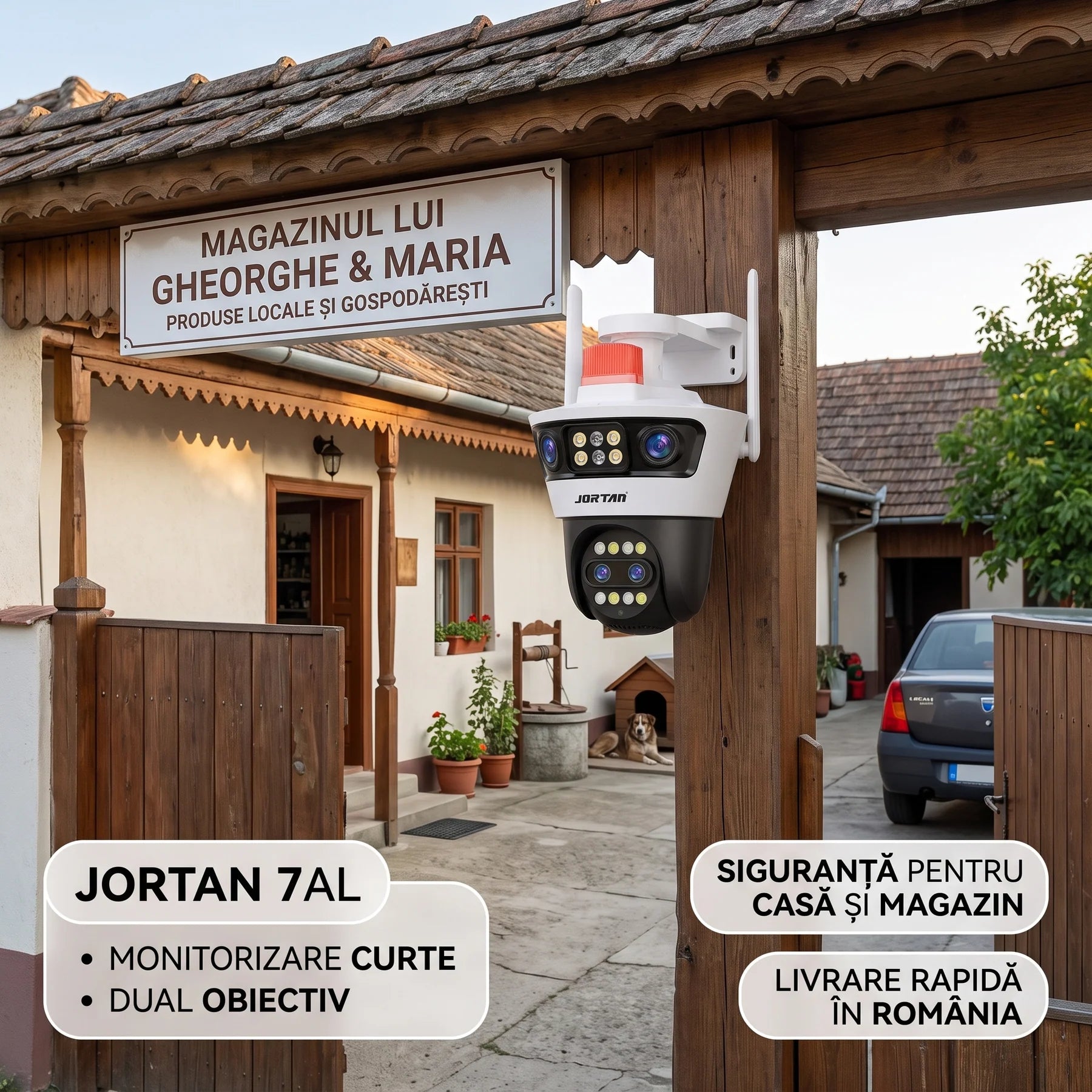 Camera Supraveghere WiFi JORTAN 7AL, 12MP, 4 Lentile cu Zoom 6x, Rotire 360°, Alarma, Vedere Nocturna Color, Ethernet, Waterproo
