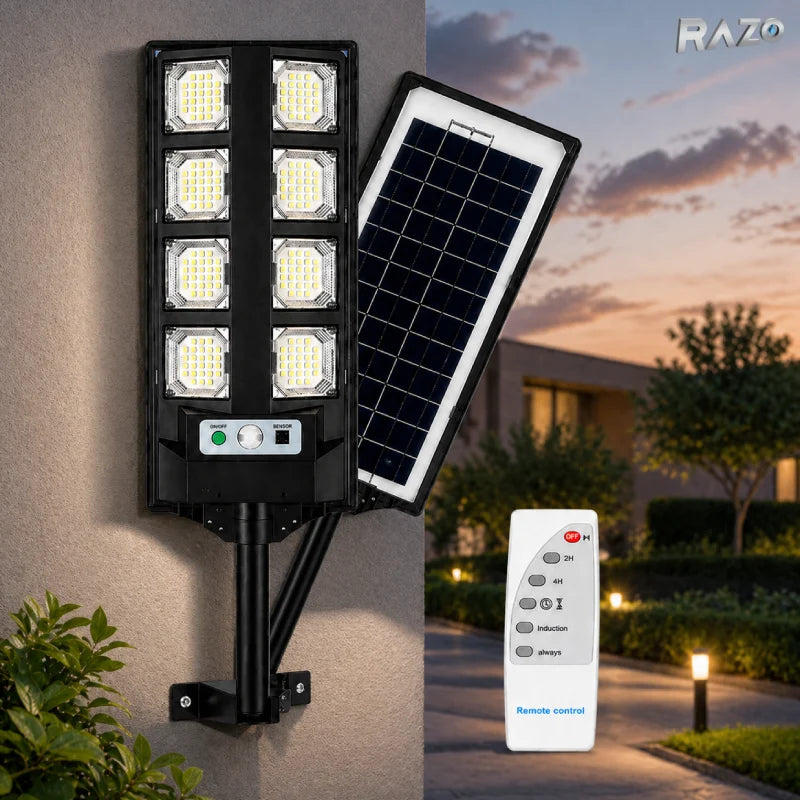 Lampa solara LED cu panou si telecomanda RAZO, Iluminare puternica, Economica, Incarcare solara, Pornire automata, Design rezistent la apa si conditii meteo