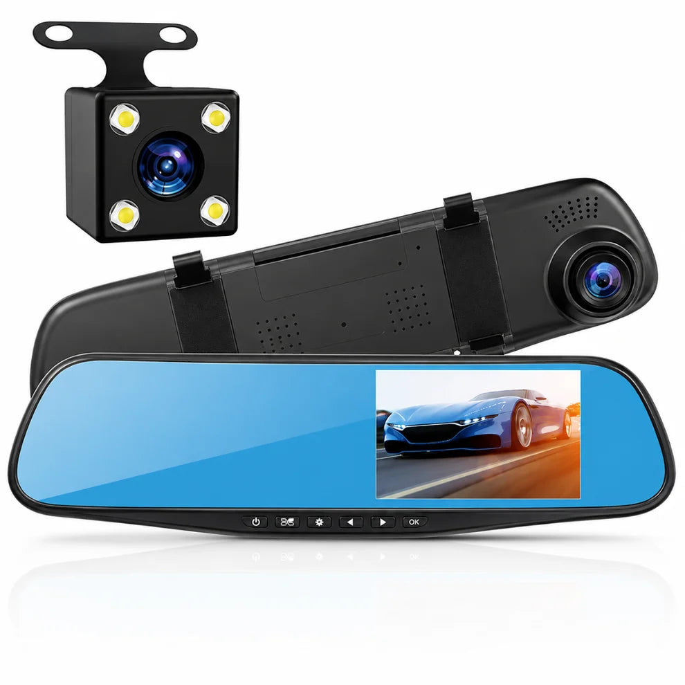 Oglindă Auto Retrovizoare DVR Macvi®, Cameră Duală Față + Marșarier, Full HD 1080P, Display 4.3", G-Sensor, Detectare Mișcare, Monitorizare Parcare, Înregistrare în Buclă, Unghi 170°, Negru