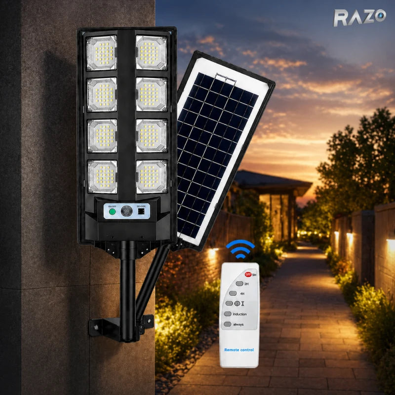 Lampa solara LED cu panou si telecomanda RAZO, Iluminare puternica, Economica, Incarcare solara, Pornire automata, Design rezistent la apa si conditii meteo