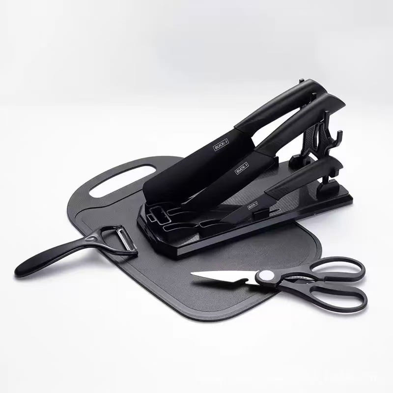 Set Bucătărie 7 Piese cu Tocător, Cuțite și Foarfecă, Suport Inclus, Oțel Inoxidabil, Mânere Ergonomice, Model Profesional Engros