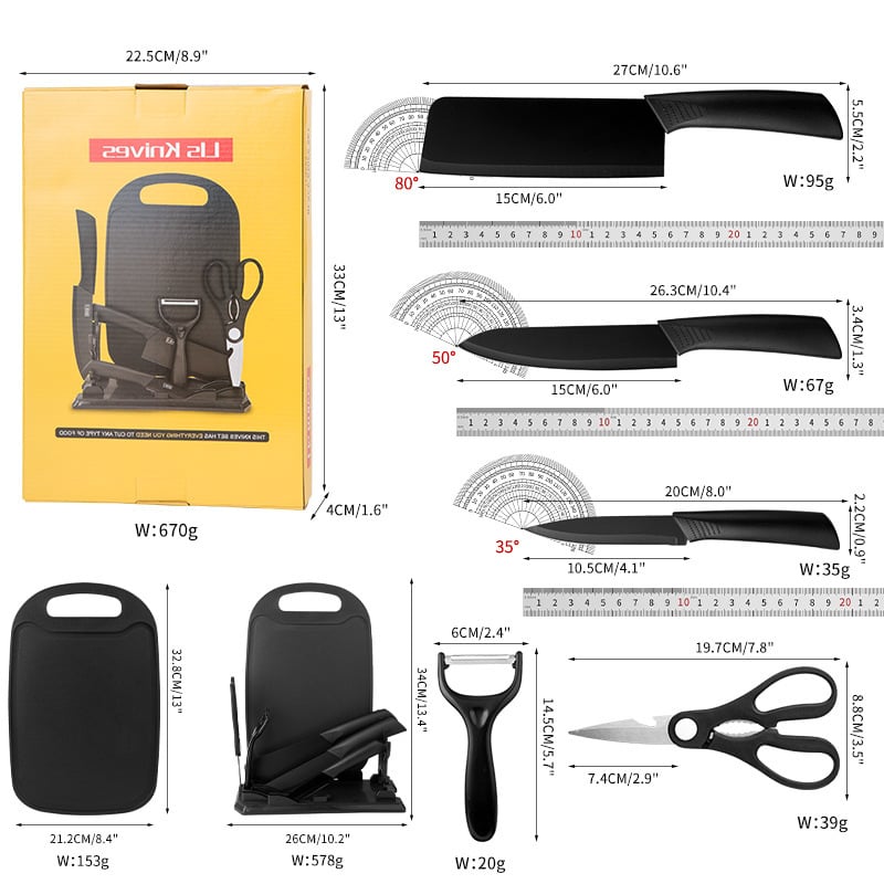 Set Bucătărie 7 Piese cu Tocător, Cuțite și Foarfecă, Suport Inclus, Oțel Inoxidabil, Mânere Ergonomice, Model Profesional Engros