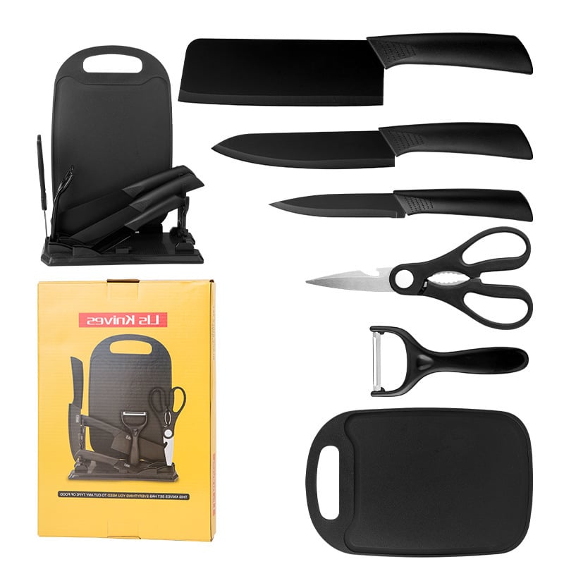 Set Bucătărie 7 Piese cu Tocător, Cuțite și Foarfecă, Suport Inclus, Oțel Inoxidabil, Mânere Ergonomice, Model Profesional Engros
