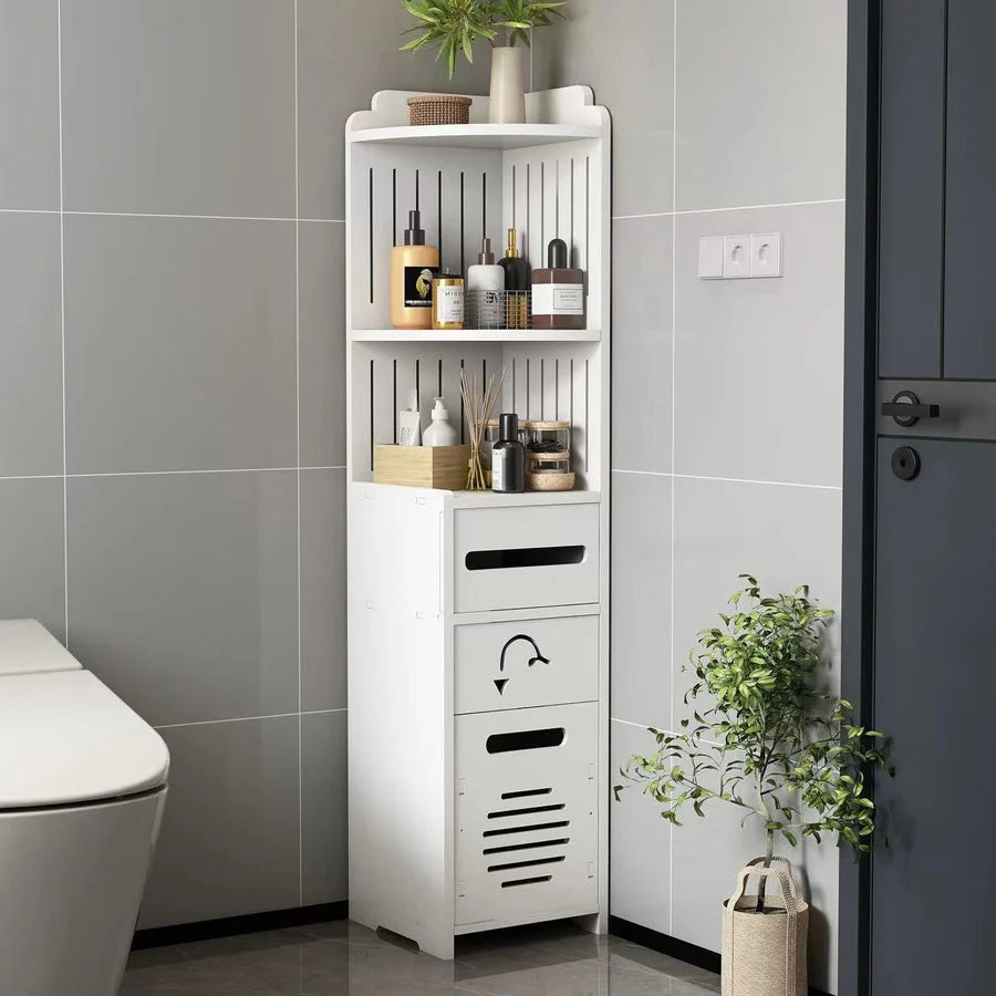 ulap vertical pentru baie, cu 3 polite, 2 sertare, dimensiuni 90x24x24 cm, greutate maxima suportata 15 kg, alb