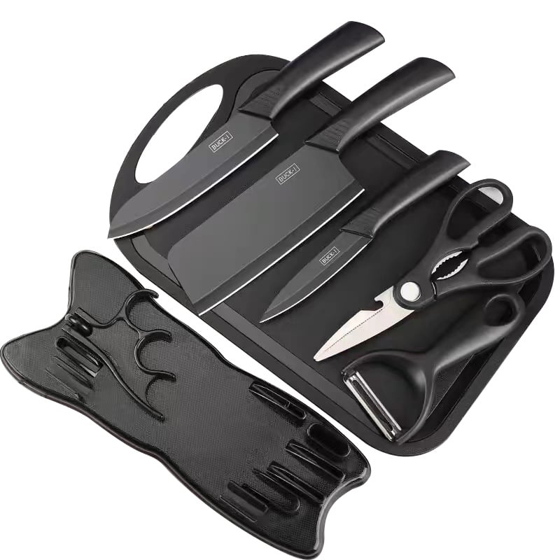 Set Bucătărie 7 Piese cu Tocător, Cuțite și Foarfecă, Suport Inclus, Oțel Inoxidabil, Mânere Ergonomice, Model Profesional Engros
