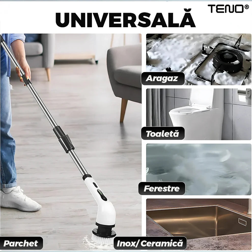 Perie Electrica de Curatare 9 in 1 cu Capete Interschimbabile, Afisaj Digital, Maner Melescopic