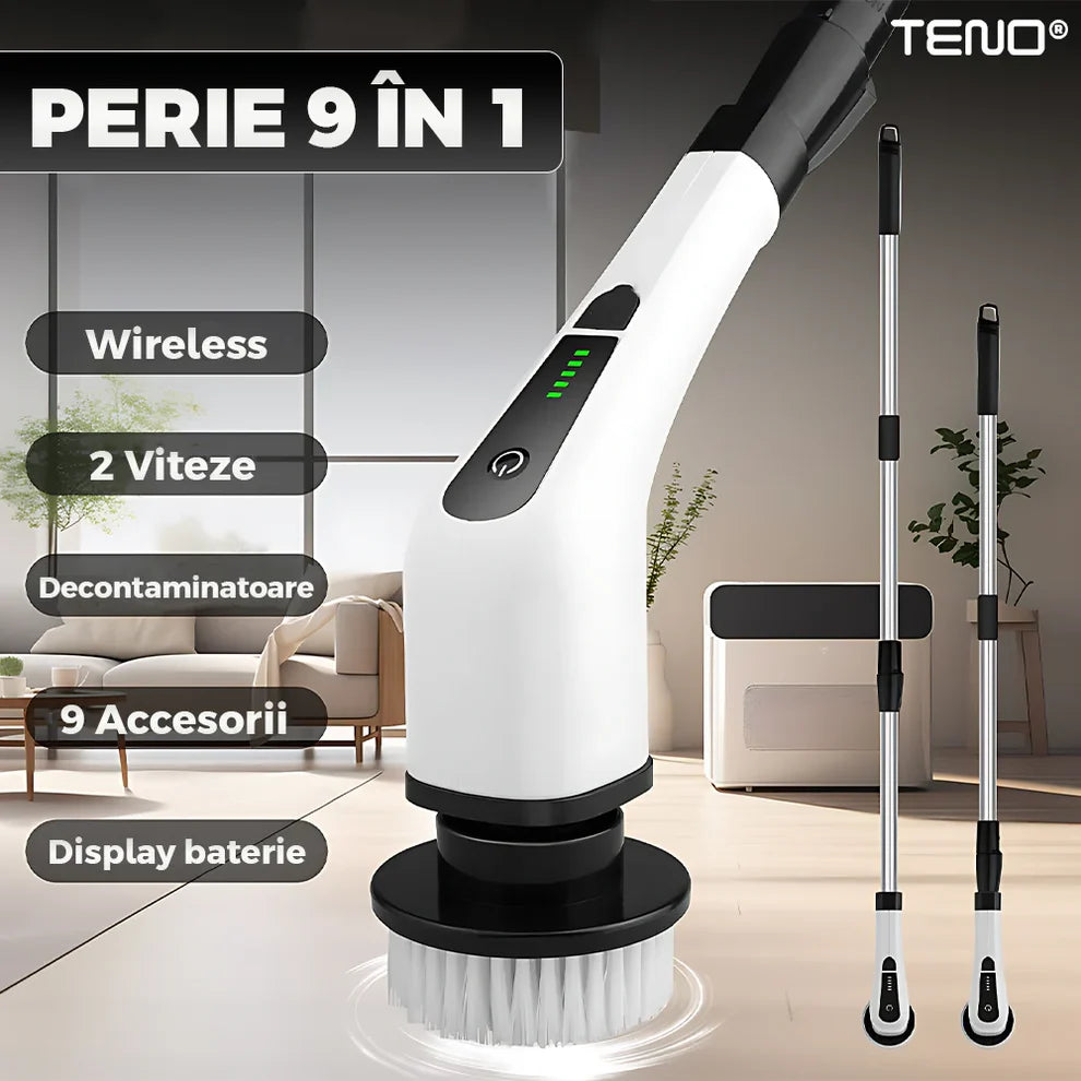 Perie Electrica de Curatare 9 in 1 cu Capete Interschimbabile, Afisaj Digital, Maner Melescopic