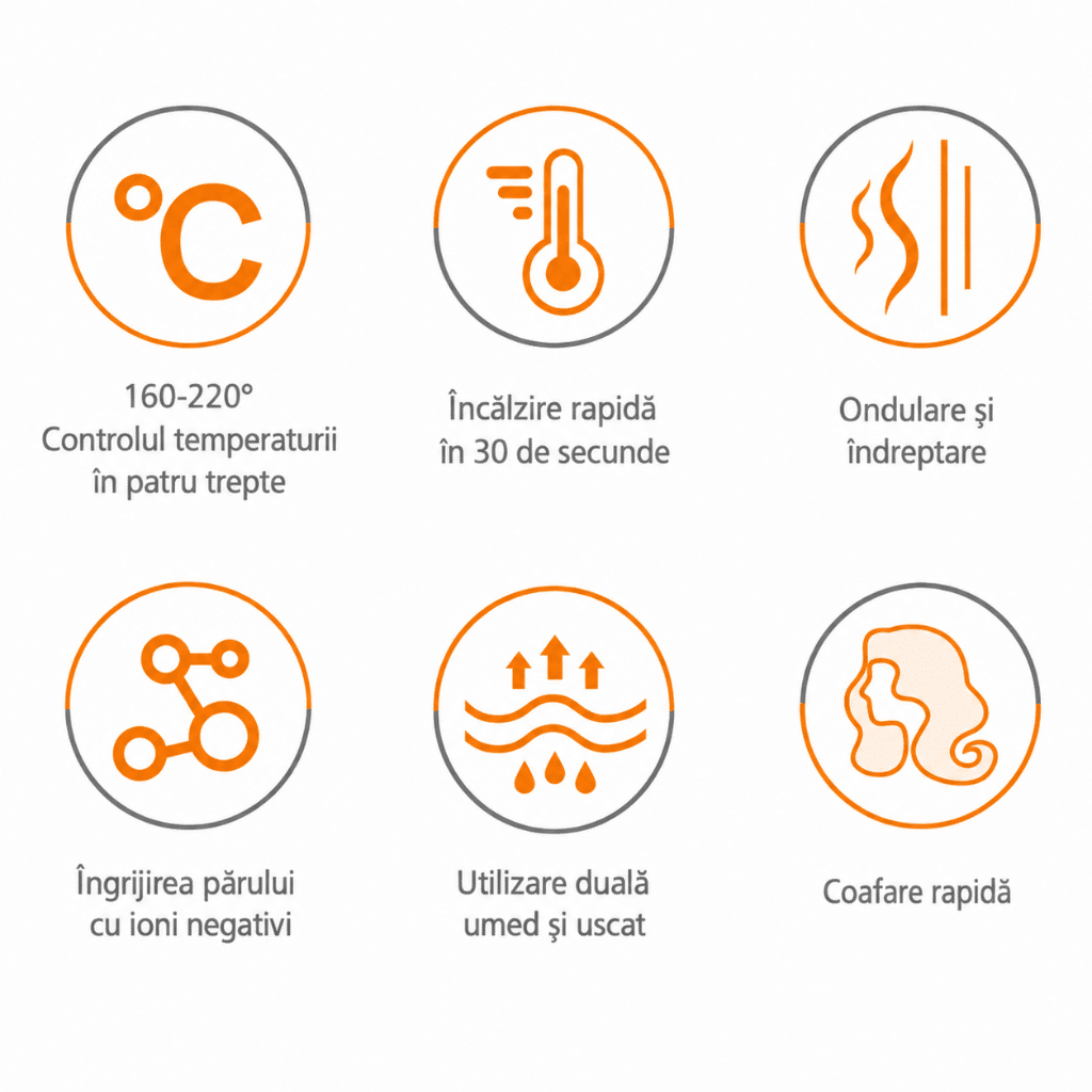 Placă De Păr Cu Control Temperatură 100-230°C, Încălzire Rapidă PTC Și Indicator Luminos