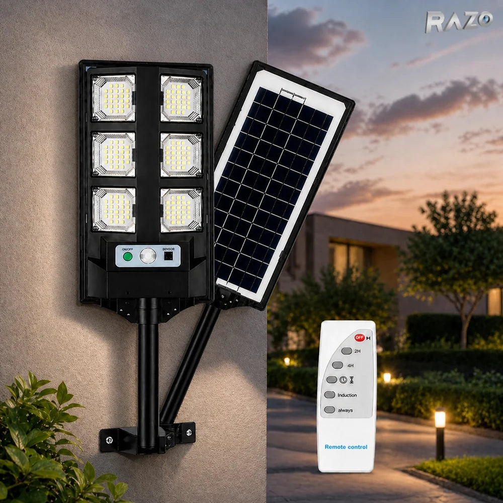 Lampa solara LED cu panou si telecomanda RAZO, Iluminare puternica, Economica, Incarcare solara, Pornire automata, Design rezistent la apa si conditii meteo, 6 module led