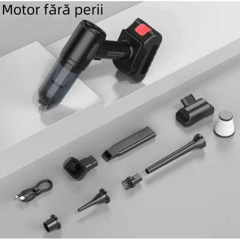Aspirator auto 10000Pa motor fara perii portabil negru 2000mAh cu 9 accesorii