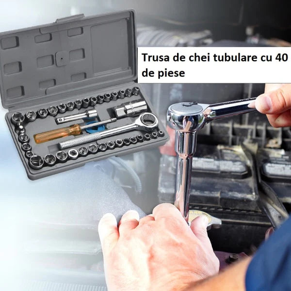 Set Chei Tubulare Metal cu Clichet 40 Piese – Trusa Profesionala Completa cu Cutie Organizata