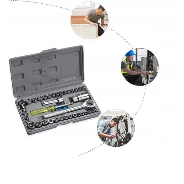 Set Chei Tubulare Metal cu Clichet 40 Piese – Trusa Profesionala Completa cu Cutie Organizata
