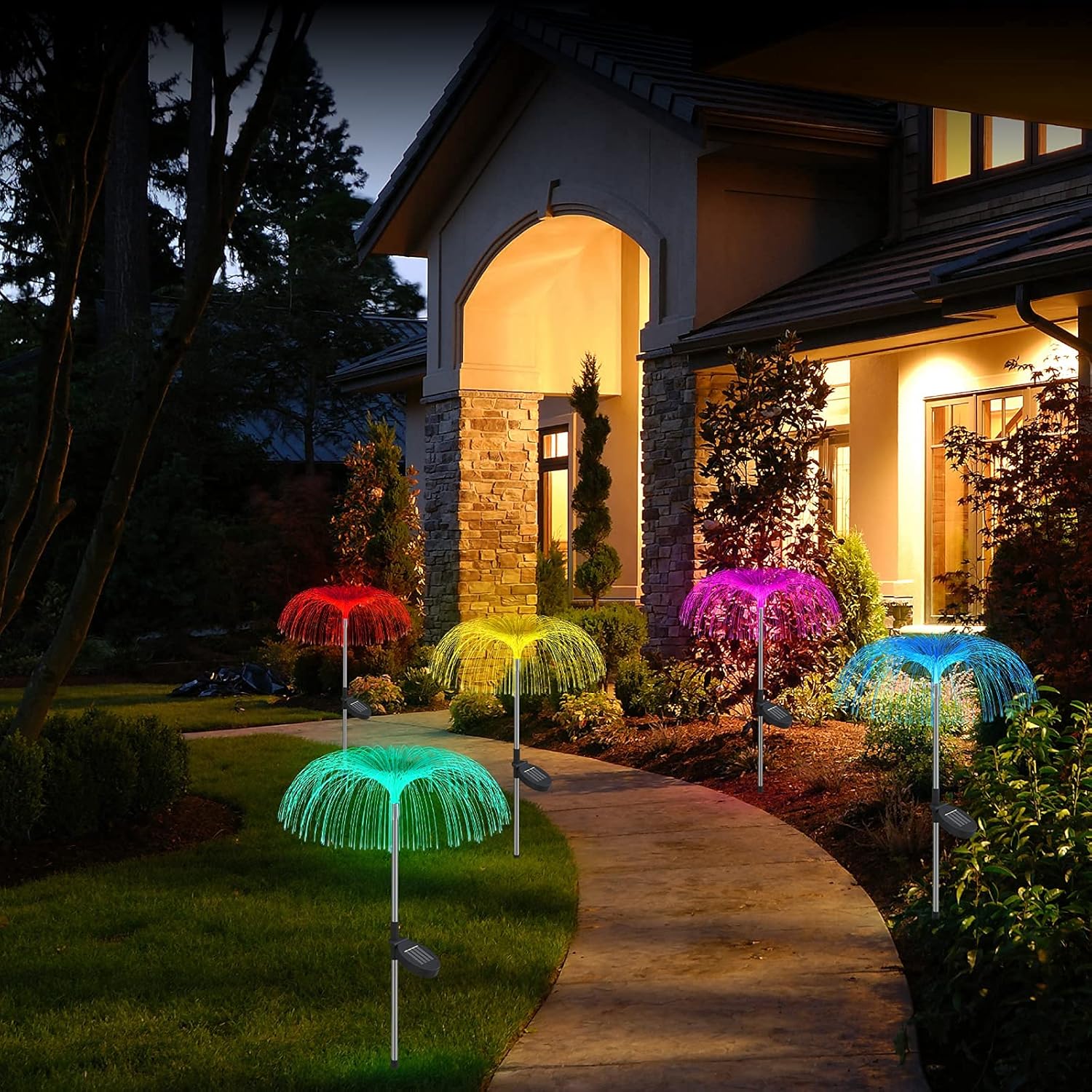 Set 2 Lampi Solare Tip Palmier cu Fibra Optica LED RGB, pentru Iluminat Exterior in Gradina