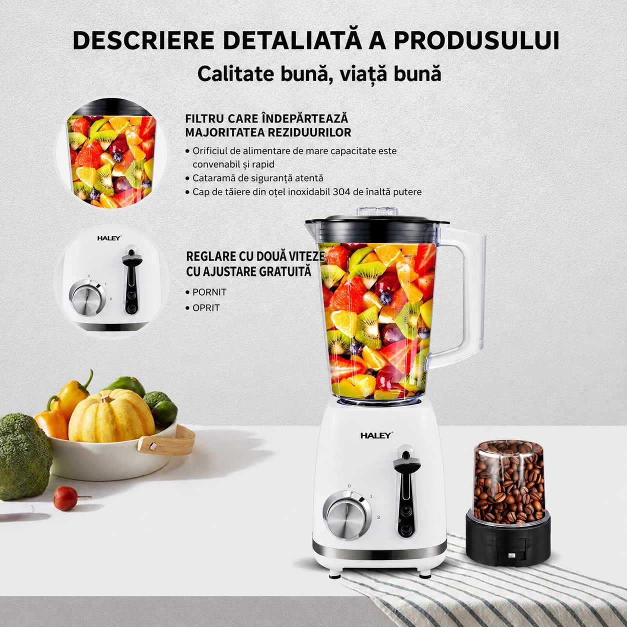 Blender Cu Funcție Pulse, 2 Viteze, Capacitate 1.5L, 500W, Lame Din Oțel Inoxidabil, Funcție De Zdrobire A Gheții Și Protecție La Supraîncălzire