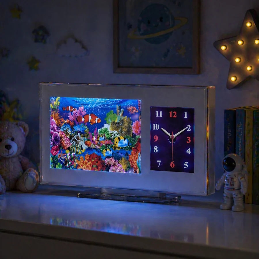 Ceas LED decorativ cu acvariu animat si pesti colorati in miscare si lumina ambientala, 42 x 25 x 9cm