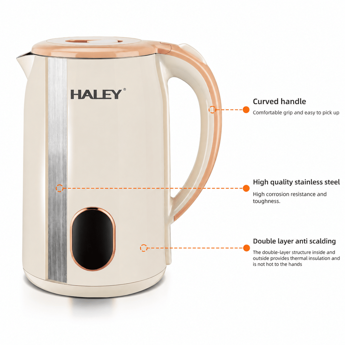 Fierbător Electric HALEY HY-8915, 2,5L, 2000W, Inox SUS 304, Bază Rotativă 360°, Oprire Automată, Protecție Fierbere Fără Apă