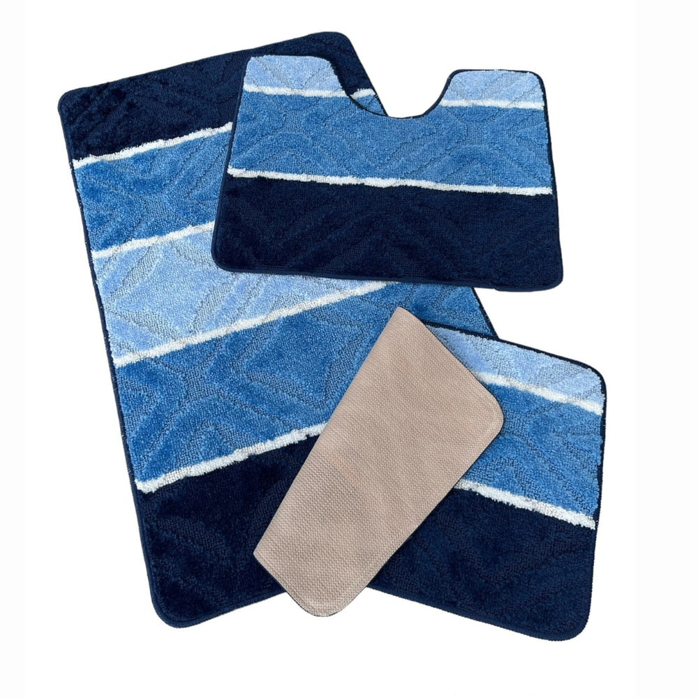 Set covoras de baie 3 piese, polipropilena, 100x60, 60x50, 40x60, Albastru Multi