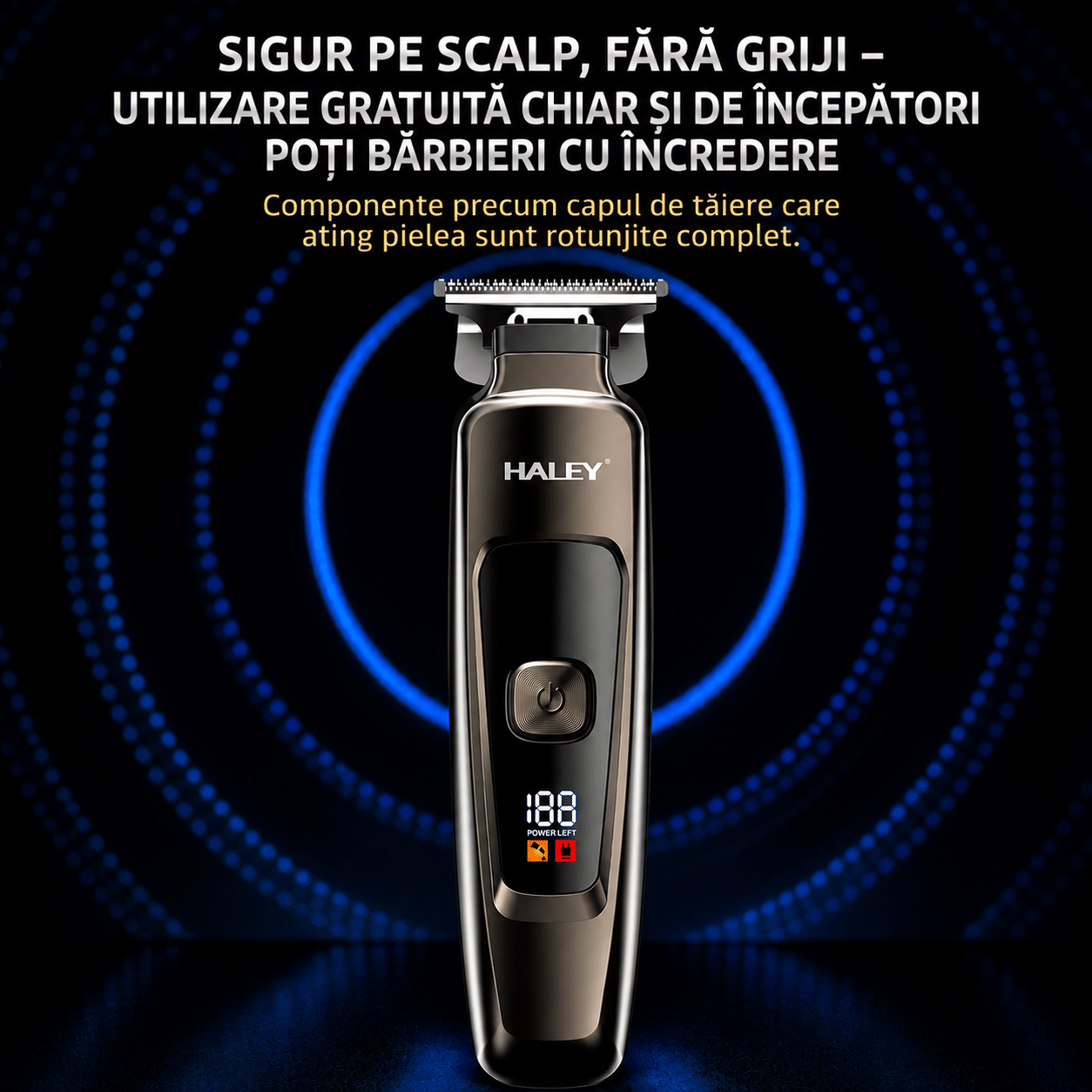 Mașină Profesională de Tuns și Contur HALEY HY-4500, Acumulator 1200mAh, Autonomie 200 Min, Lamă din Oțel, Display Digital, Reîncărcabilă