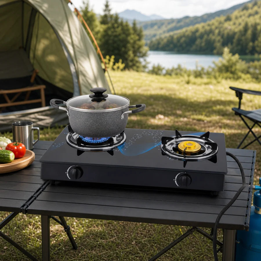 Aragaz Plita Camping 2 Arzatoare Sticla Neagra Securizata Fonta Alama Aprindere Quartz GPL
