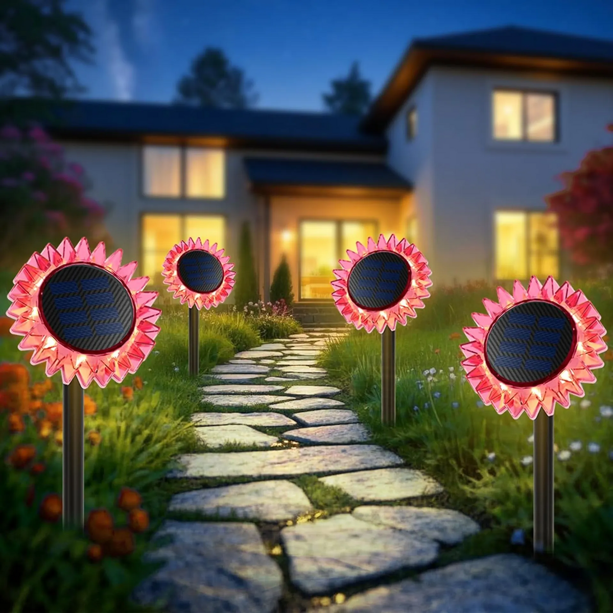 Lampa Solara Decorativa Floarea-Soarelui | LED Alb Cald | 9 LED-uri | IP44 | 35 cm | Roz