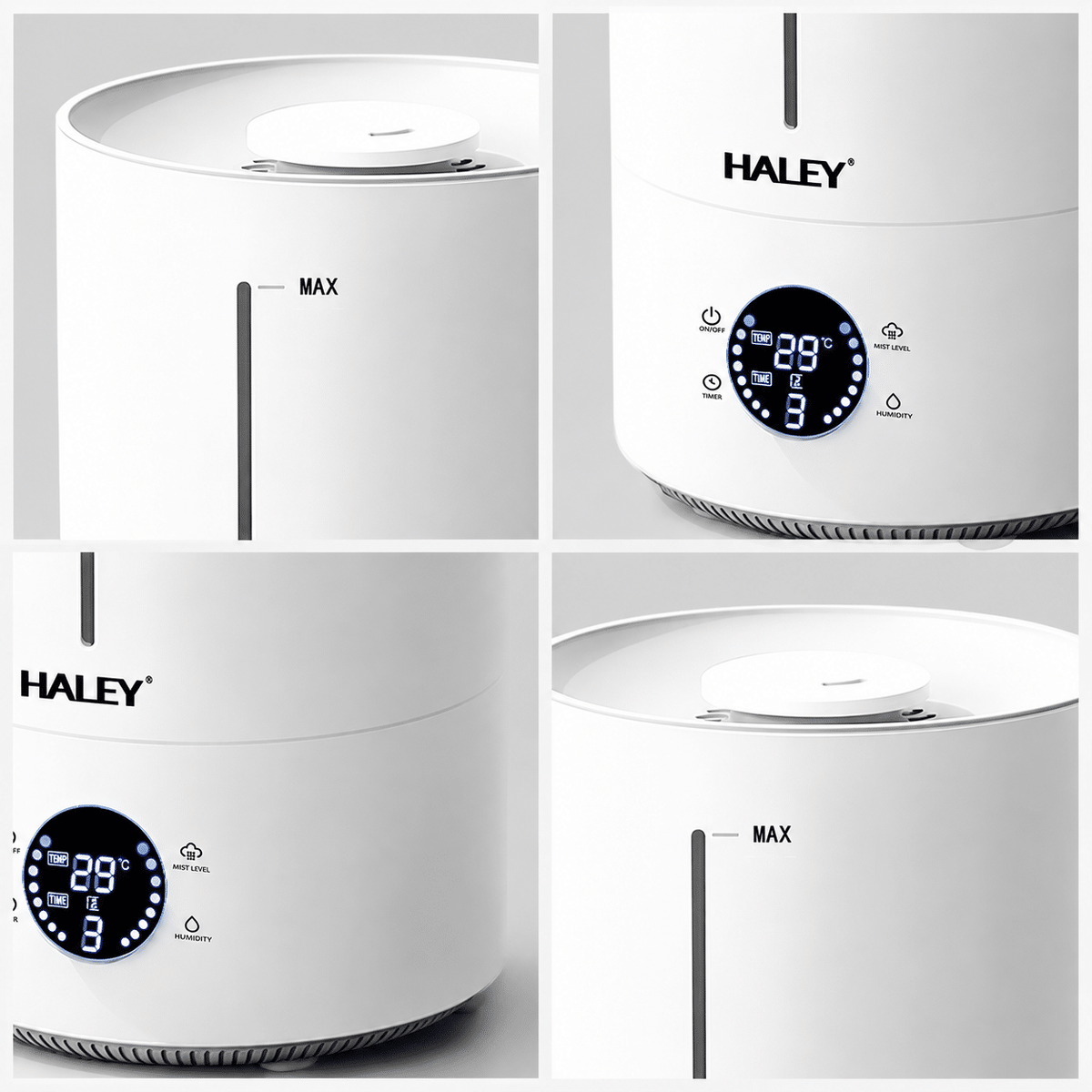 Umidificator de Aer HALEY HY-3101, Rezervor 5L, Umidificare 360°, Intensitate Reglabilă, Umplere de Sus, Panou Digital, 1000W, Alb