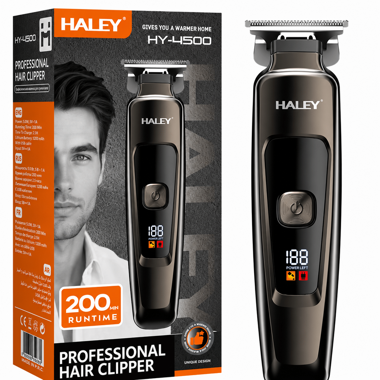 Mașină Profesională de Tuns și Contur HALEY HY-4500, Acumulator 1200mAh, Autonomie 200 Min, Lamă din Oțel, Display Digital, Reîncărcabilă