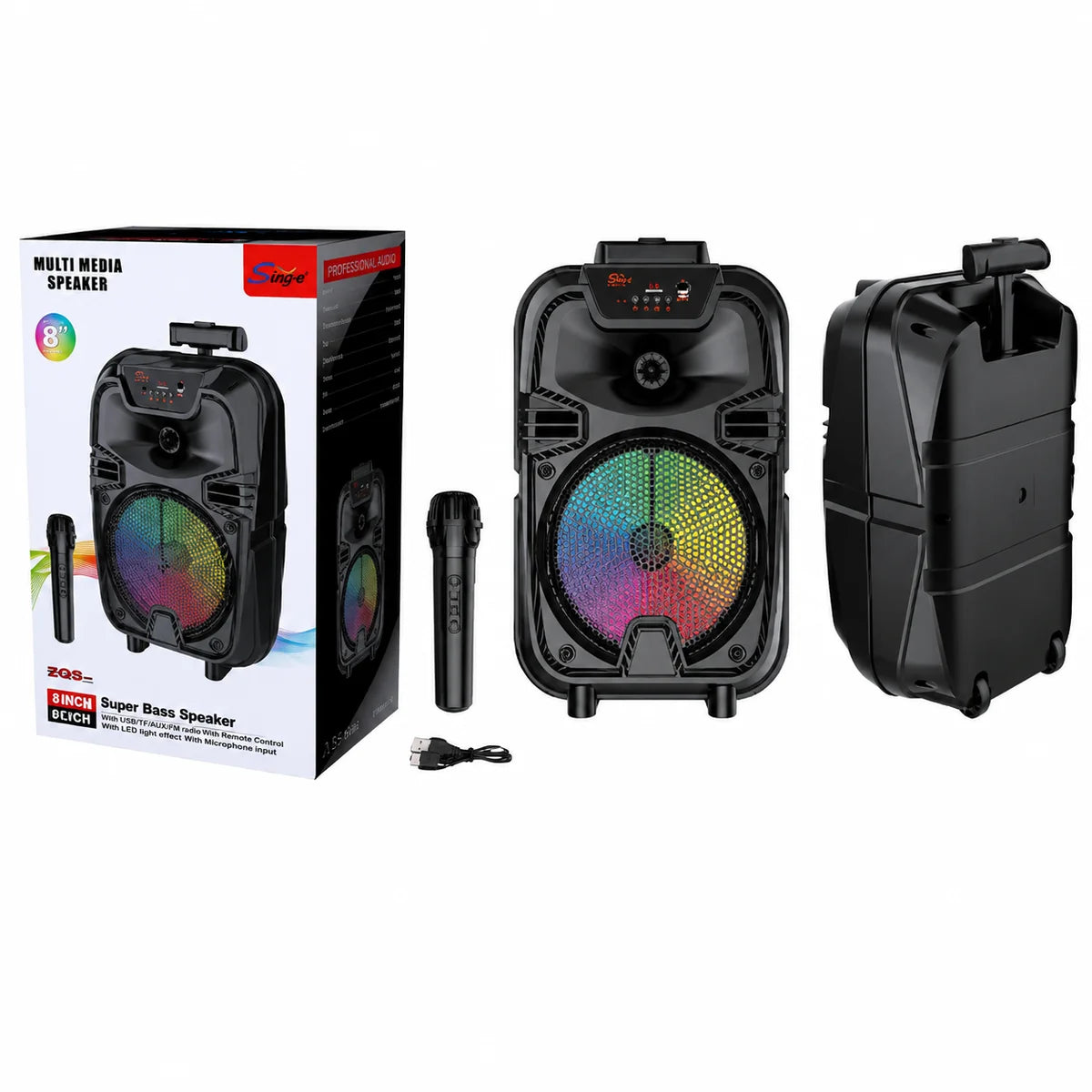 At Performance Vezi toate produsele Boxă Portabilă Bluetooth Sing-e® ZQS8188, 200W PMPO, Difuzor 8", Microfon Wireless, LED RGB, USB, TF Card, FM Radio, Telecomandă, Acumulator 3000mAh