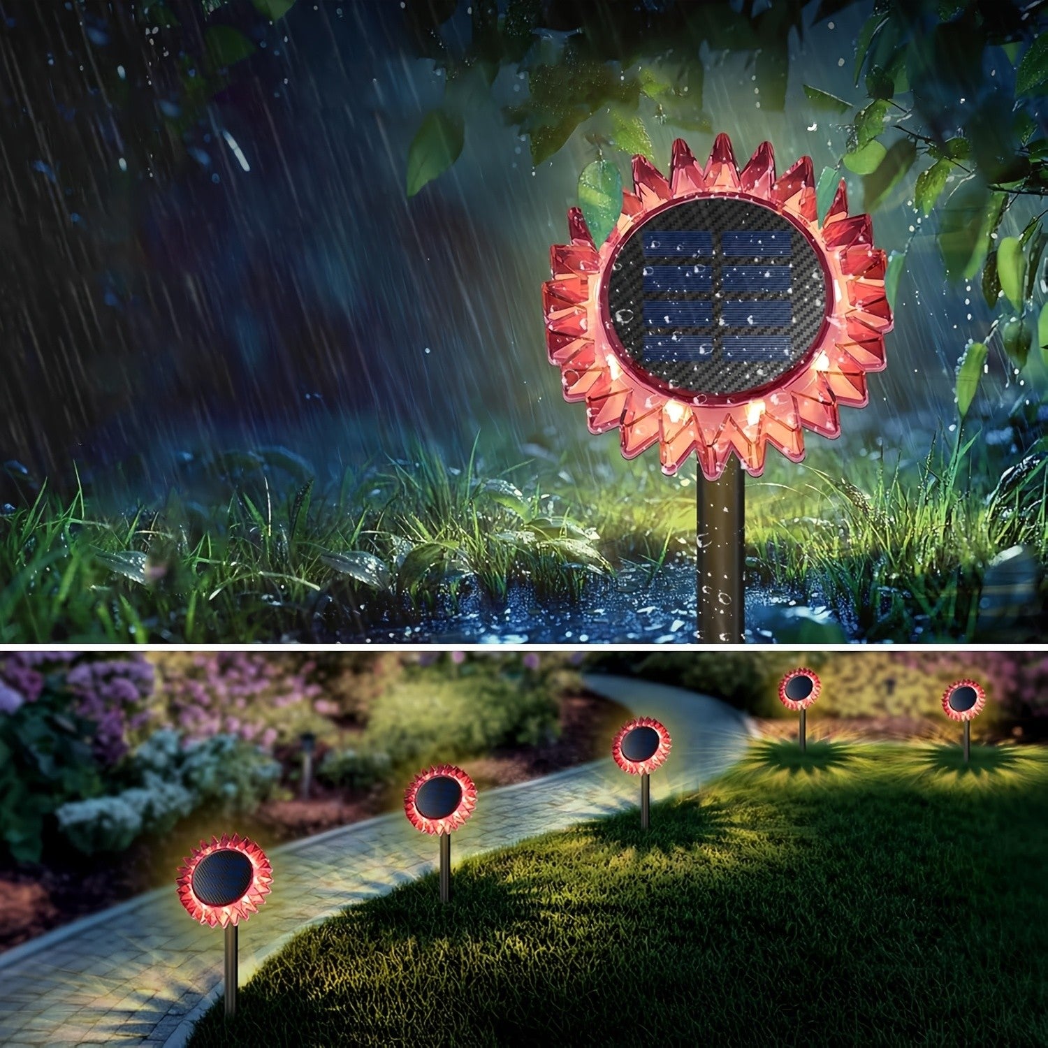 Lampa Solara Decorativa Floarea-Soarelui | LED Alb Cald | 9 LED-uri | IP44 | 35 cm | Roz