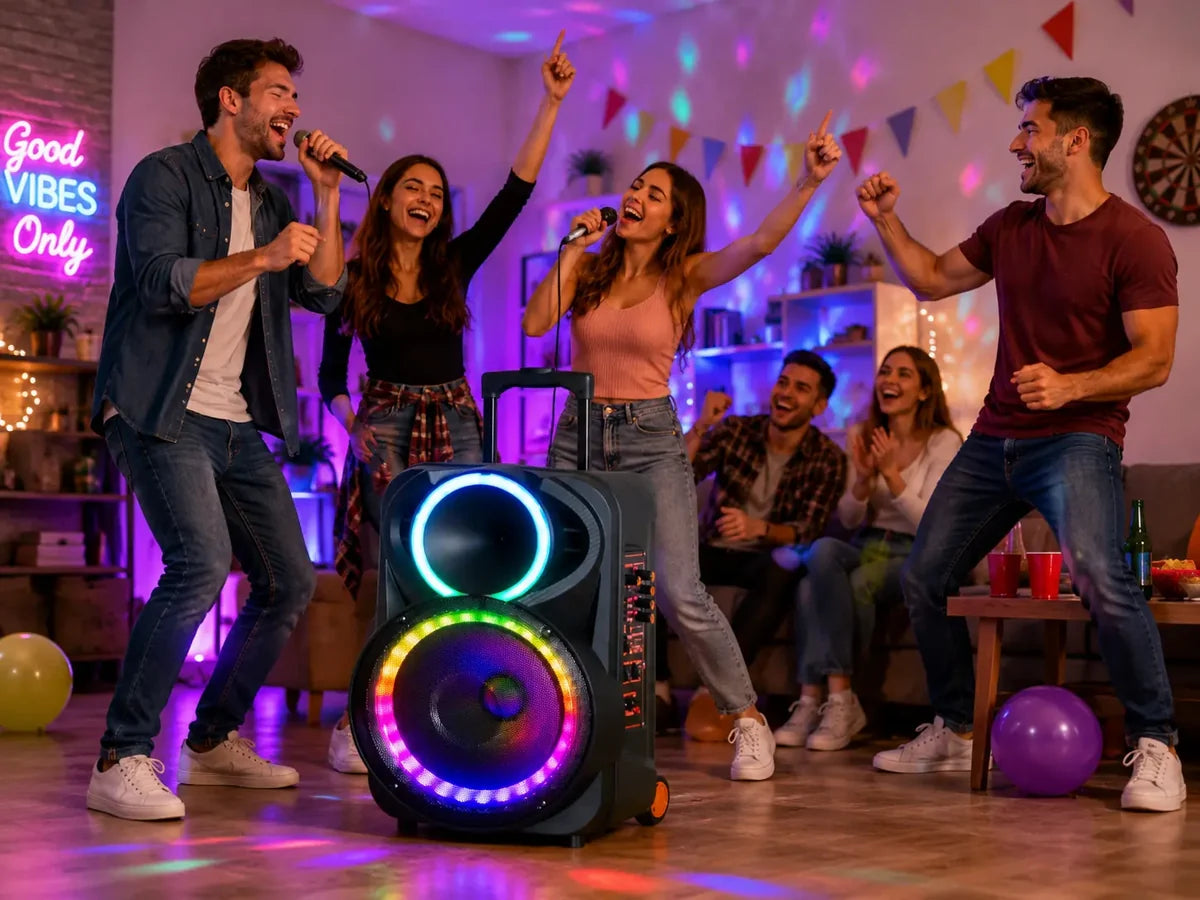 At Performance Vezi toate produsele Boxă Portabilă Karaoke 12" KOLAV F1230, 400W PMPO, Acumulator Reîncărcabil, 2 Microfoane Wireless, Bluetooth, RGB LED, TWS, USB/TF, FM Radio, Telecomandă, Bass puternic