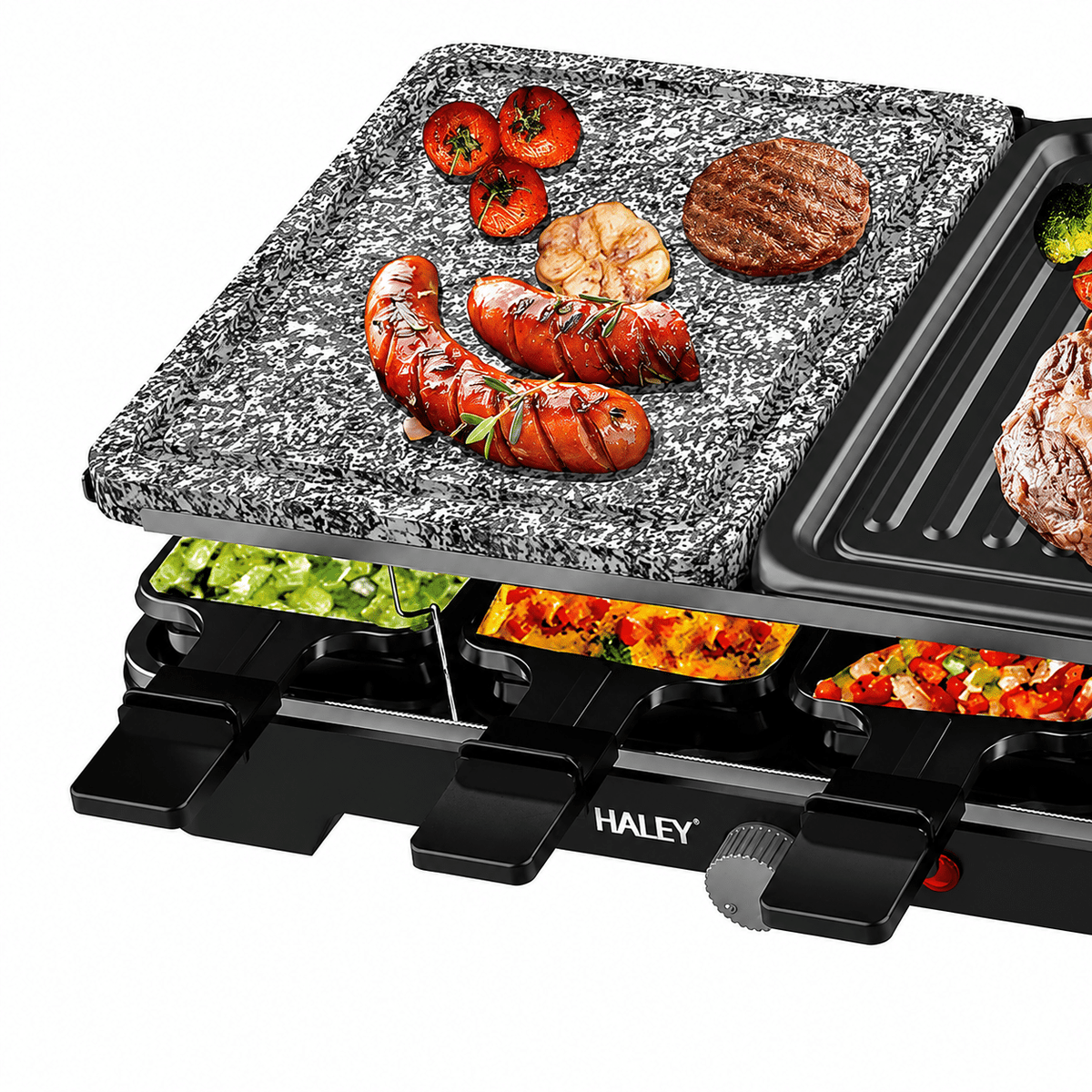Grill Electric Multifuncțional HALEY HY-8610, 10 în 1, 1500W, Raclette cu 8 Tăvițe, Placă Grill și Piatră pentru Gătit, Temperatură Reglabilă