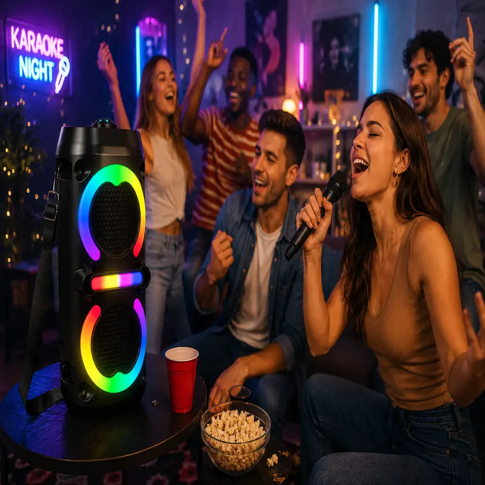 At Performance Vezi toate produsele Boxă Portabilă Bluetooth Karaoke ZQS42111KW, 200W, 2 Microfoane Wireless Incluse, Lumini LED RGB, Bass Puternic, Curea de Transport, Acumulator 2500mAh, Negru